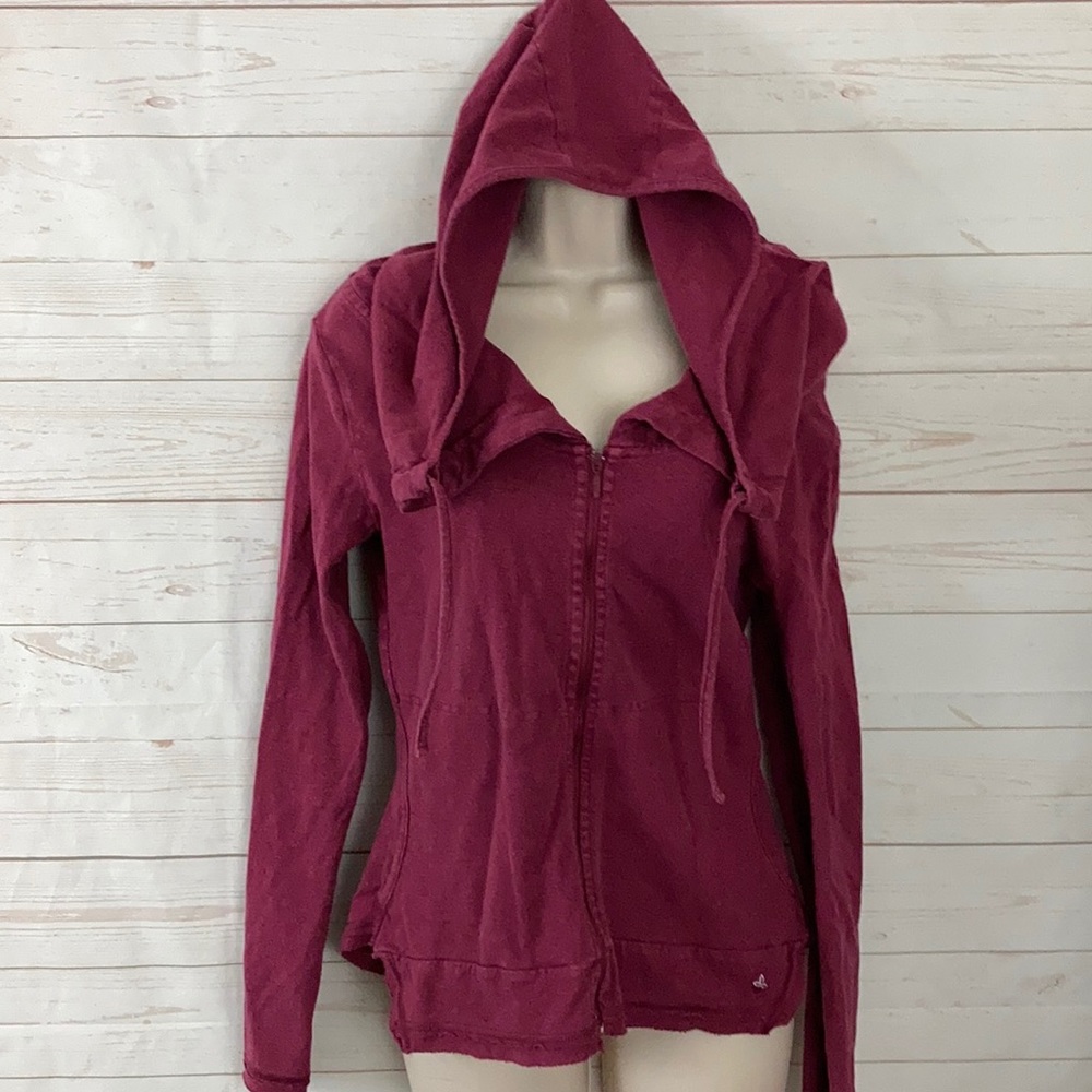 Hemp Organic Cotton Spandex Zip Front Maroon Lightweight Jacket W/Hood